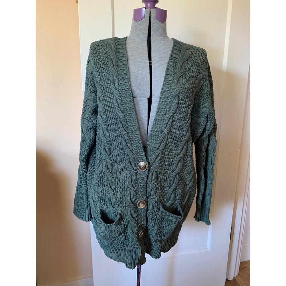 Agnes & Dora Dark Green Cable Knit Cotton Cardigan Sweater M Pockets Earthy Gran